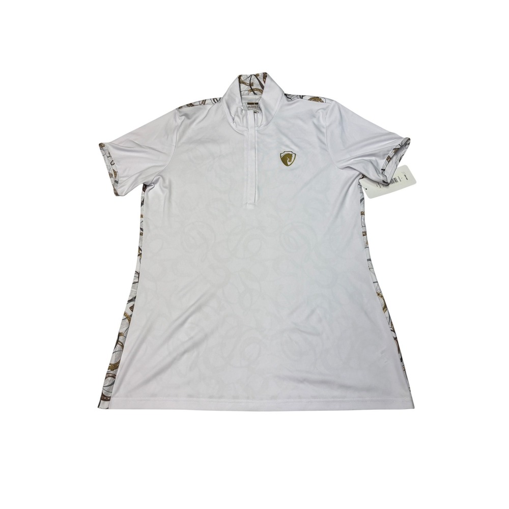 NWT Arista Equestrian Lucky Shirt White Horseshoe Print Zip Polo Top Womens L